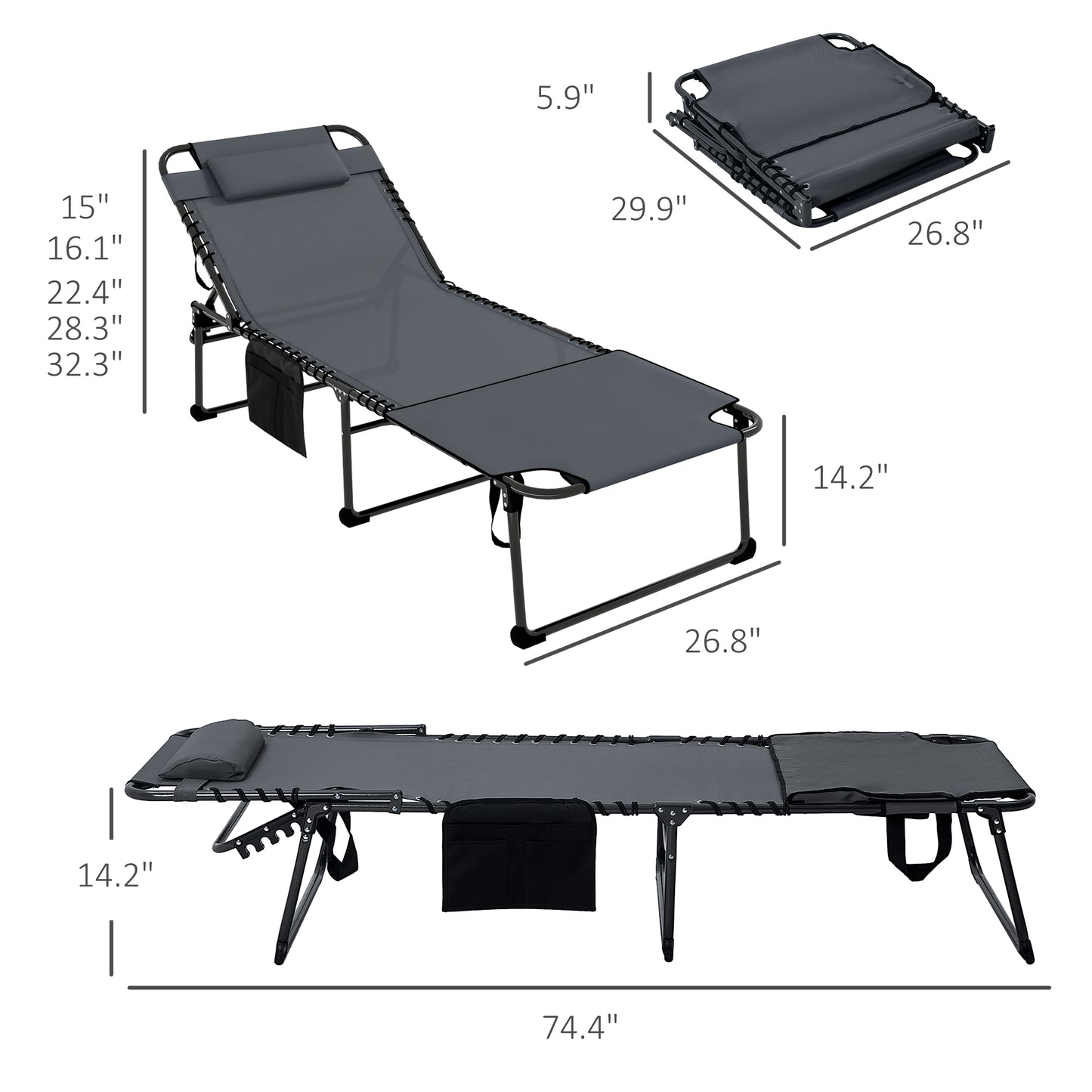 Outsunny 2 Piece Folding Chaise Lounge with 5-level Reclining Back, Outdoor Tanning Chair with Reading Face Hole, Outdoor Lounge Chair with Side Pocket & Headrest for Beach, Yard, Patio, Gray image 3