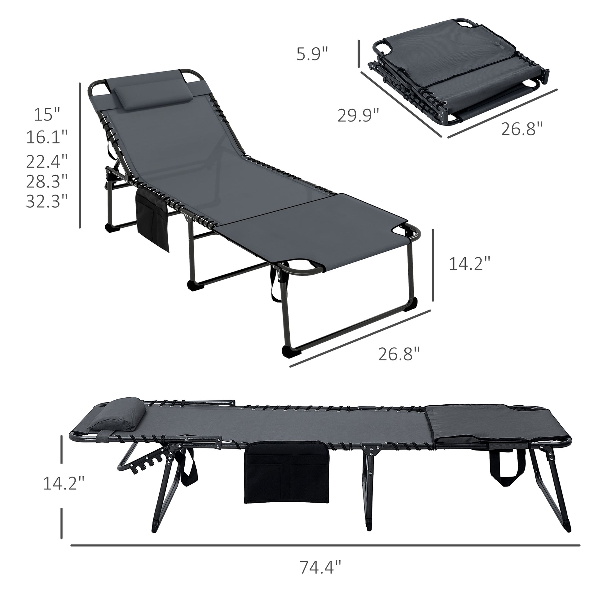 Outsunny 2 Piece Folding Chaise Lounge with 5-level Reclining Back, Outdoor Tanning Chair with Reading Face Hole, Outdoor Lounge Chair with Side Pocket & Headrest for Beach, Yard, Patio, Gray image 3