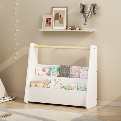 Kids Bookshelf with Wooden Handle, 2-Tier Front-Facing Toddler Bookcase, Portable Children's Book Storage Organizer for Bedroom, Playroom, Nursery, or Classroom, White image 1