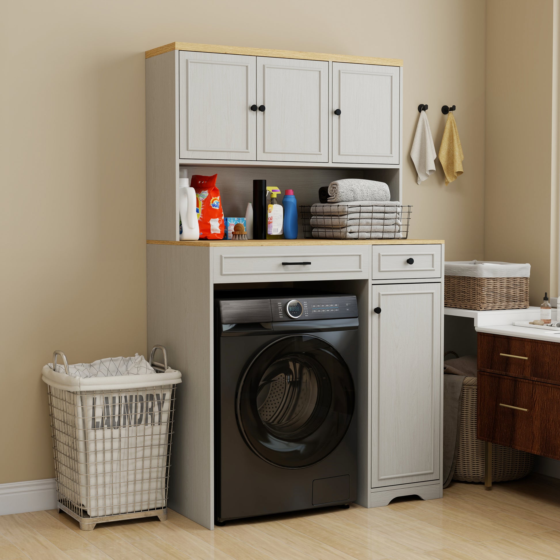 Over the Washer, Dryer and Robot Vacuum Storage Cabinet suitable for Compact Washing Machines, Laundry Room Storage Organizer with 1 Laundry Basket, 1 Drawer and 2 Adjustable Shelves-Antique White image 1