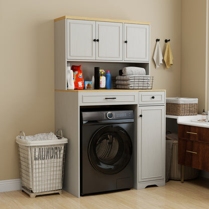 Over the Washer, Dryer and Robot Vacuum Storage Cabinet suitable for Compact Washing Machines, Laundry Room Storage Organizer with 1 Laundry Basket, 1 Drawer and 2 Adjustable Shelves-Antique White image 1