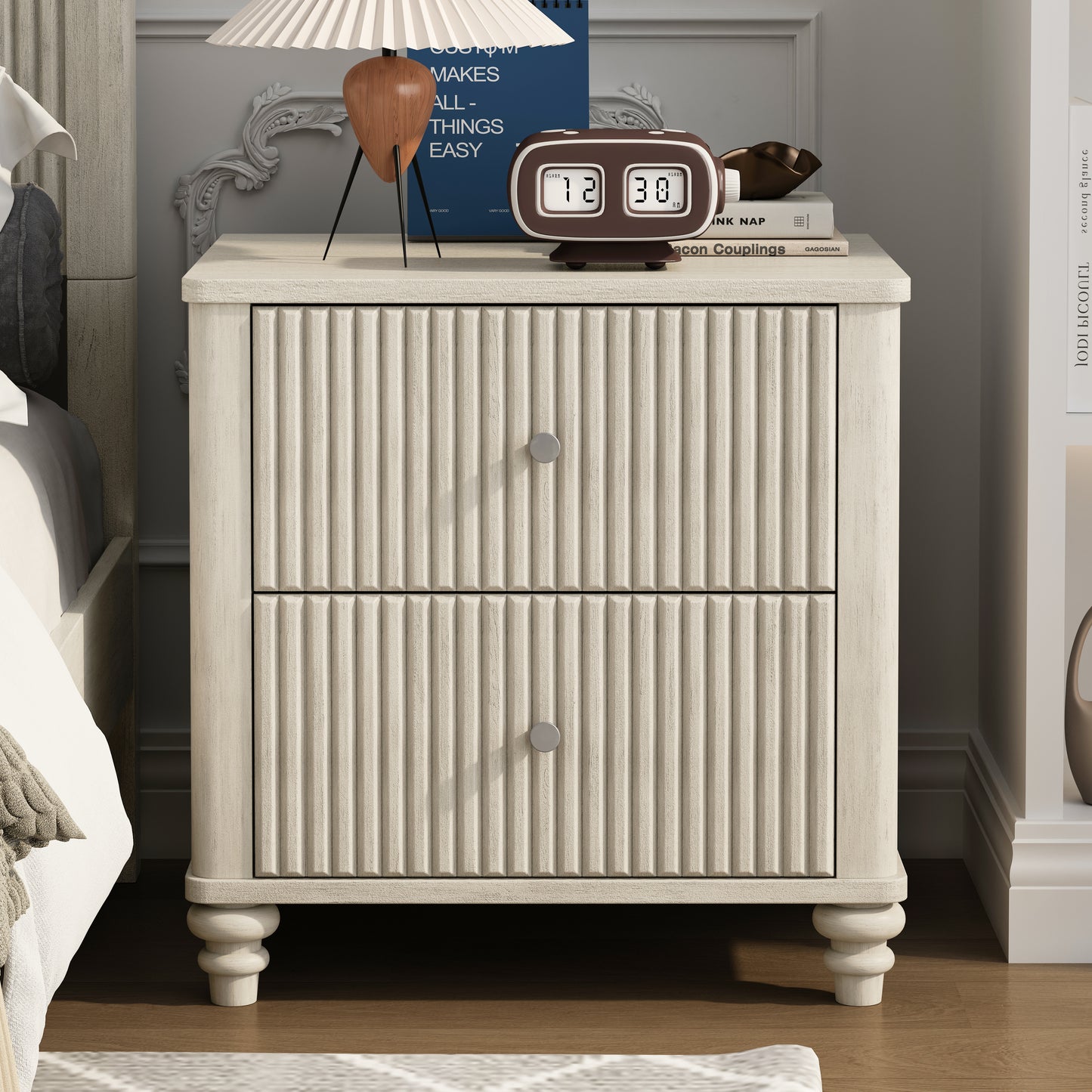 Fluted Nightstand, 21.65" Wide Side Table with 3 Drawers, Mid Century Modern Wood NightStand with Metal Handle, Wooden Bedside End Table for Bedroom, Living Room, Closet, Beige image 1