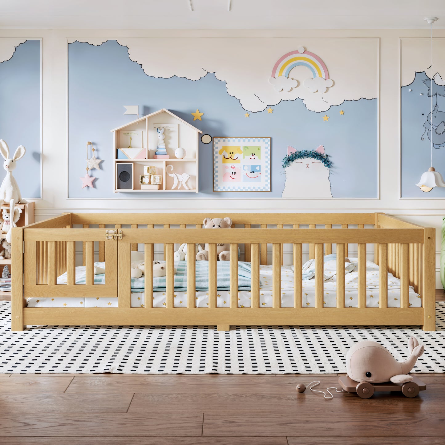 Full Size Bed Floor Bed with Safety Guardrails and Door for Kids, Natural image 3
