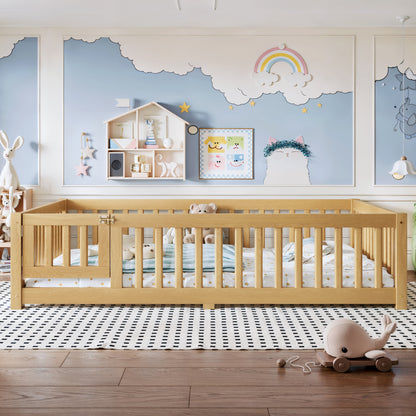 Full Size Bed Floor Bed with Safety Guardrails and Door for Kids, Natural image 3