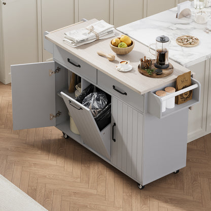 K&K Kitchen Island with Trash Can Storage Cabinet, Kitchen Cart with Drop Leaf, Spice Rack, Towel Rack and Drawer, Rolling Kitchen Island on Wheels with Adjustable Shelf, Grey image 1