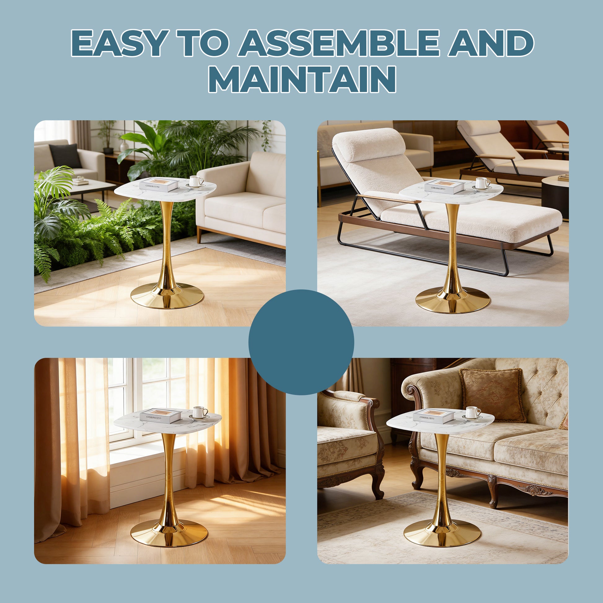 Square Tulip Dining Table for 2-4 Persons, 24 Inch Small Kitchen Table with Sturdy Golden Metal Pedestal Base, Modern Bistro Table for Small Space, Apartment, Cafe, Office, Living Room (White & Gold) image 6