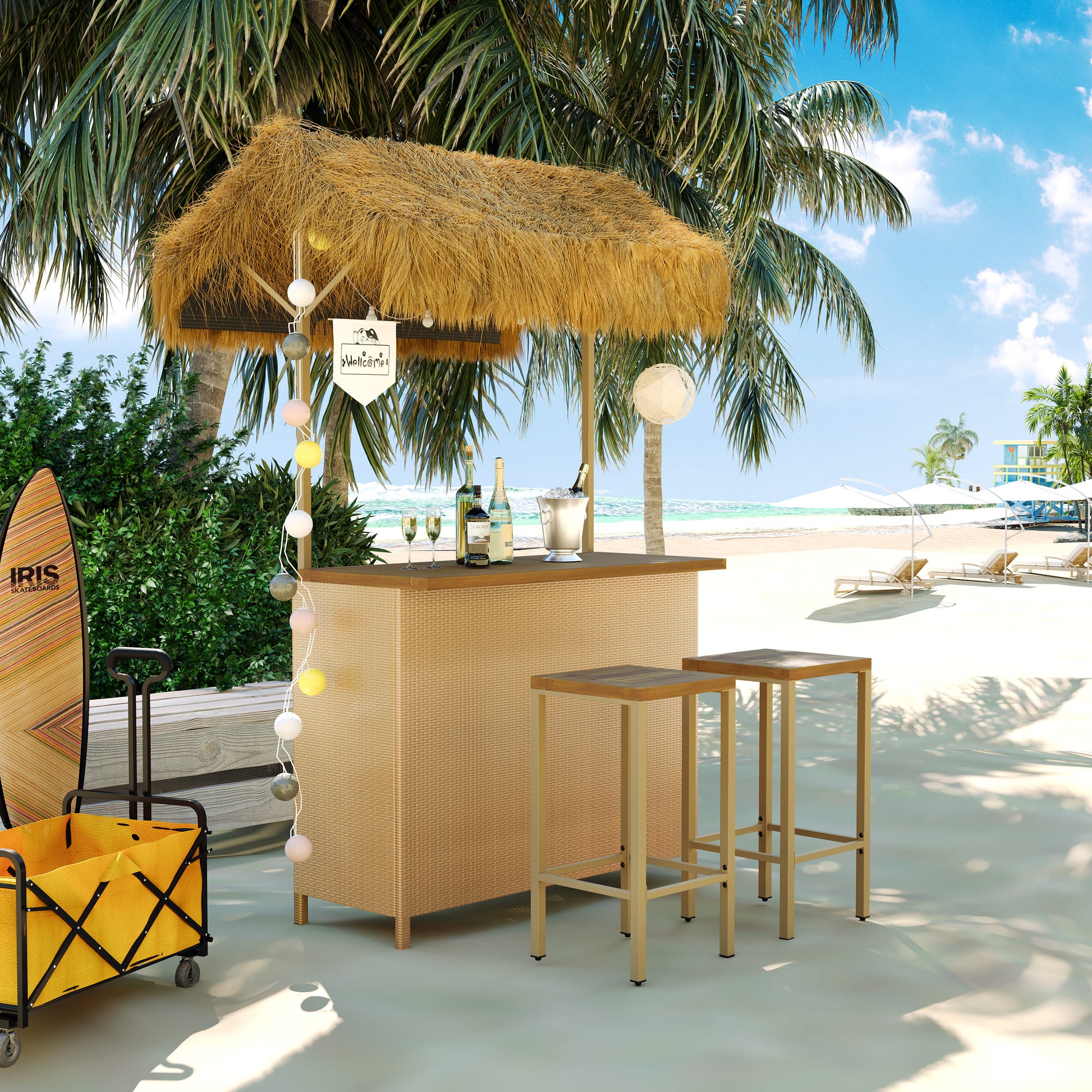 GO Hawaiian-style Bar Height Patio Set with PE Grass Canopy, Outdoor Bar Table and Stools with Adjustable Feet, Acacia Wood Top, for Dining and Drinking, Natural image 1