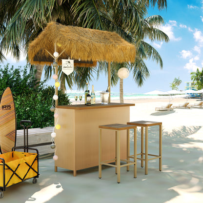 GO Hawaiian-style Bar Height Patio Set with PE Grass Canopy, Outdoor Bar Table and Stools with Adjustable Feet, Acacia Wood Top, for Dining and Drinking, Natural image 1