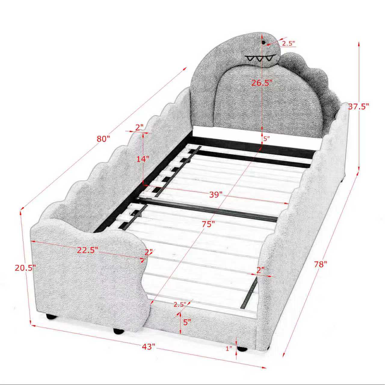 Twin Size Cute Dinosaur-Shaped Kids Bed with Safety Guardraild, Solid Wood Toddler Bed Frame for Children for Bedroom, Boucle Fabric image 11