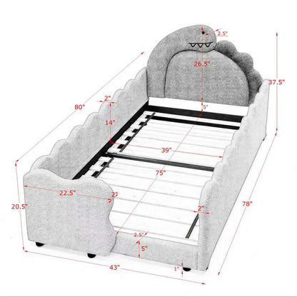Twin Size Cute Dinosaur-Shaped Kids Bed with Safety Guardraild, Solid Wood Toddler Bed Frame for Children for Bedroom, Boucle Fabric image 11