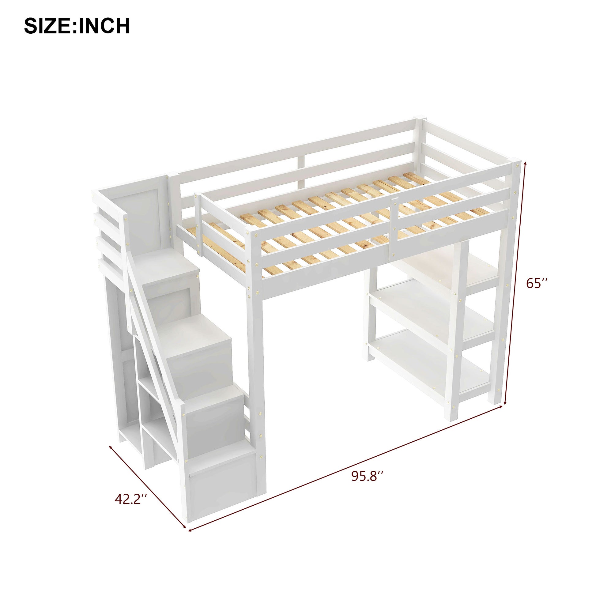 Twin Size Loft Bed with Shelves, Storage Staircase, Small Wardrobe and White LED Light, White image 5