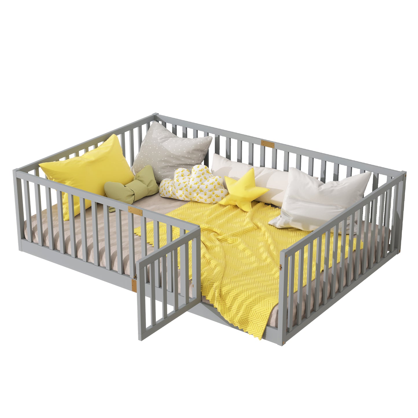Full Size Floor Bed with High Fence Railings, with Door,6 Slats Included, Rubber Wood Floor Bed with Safety Guardrails,Grey image 7