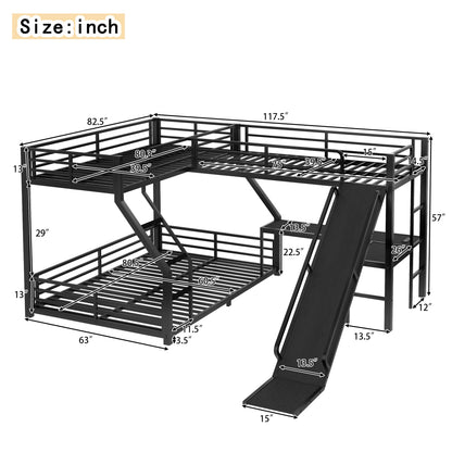L-Shaped Twin XL over Queen Bunk Bed with Twin Size Loft Bed, Metal Triple Bunk Bed with Slide and USB Ports, Space-saving and Noise-free Design, Black image 5