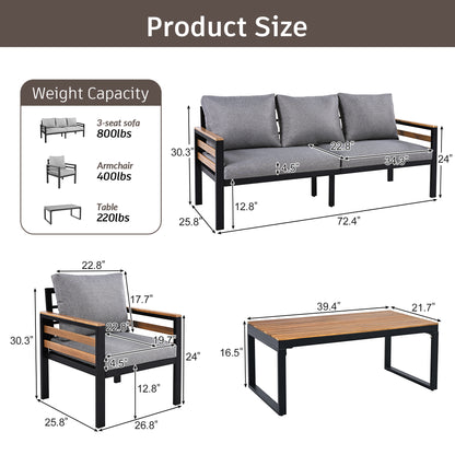 <Old SKU: N704G201246E> GO 4-Piece Outdoor Furniture Sofa Set for 5 People with Acacia Wood Armrests, Patio Conversation Set with Removable Cushion and Solid Wood Coffee Table for Garden, Grey image 6