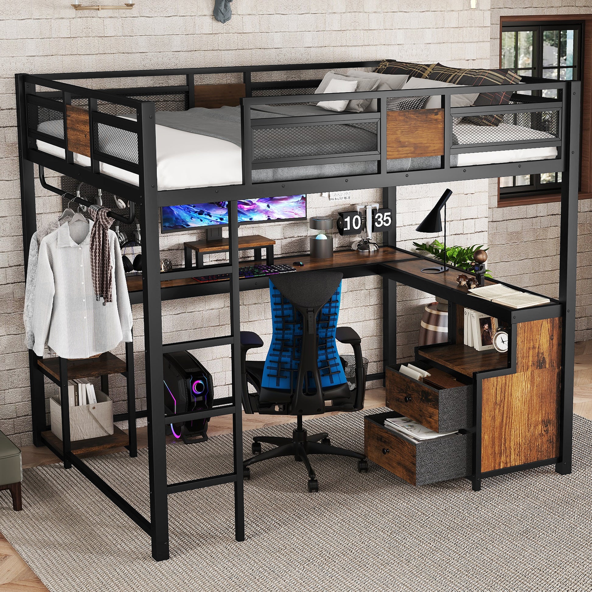 Queen Loft Bed with Desk and Storage Non-woven Fabric Drawers, Metal Loft Bed Frame with Ladders, Nosie-free and No Spring Box Needed, Black image 3