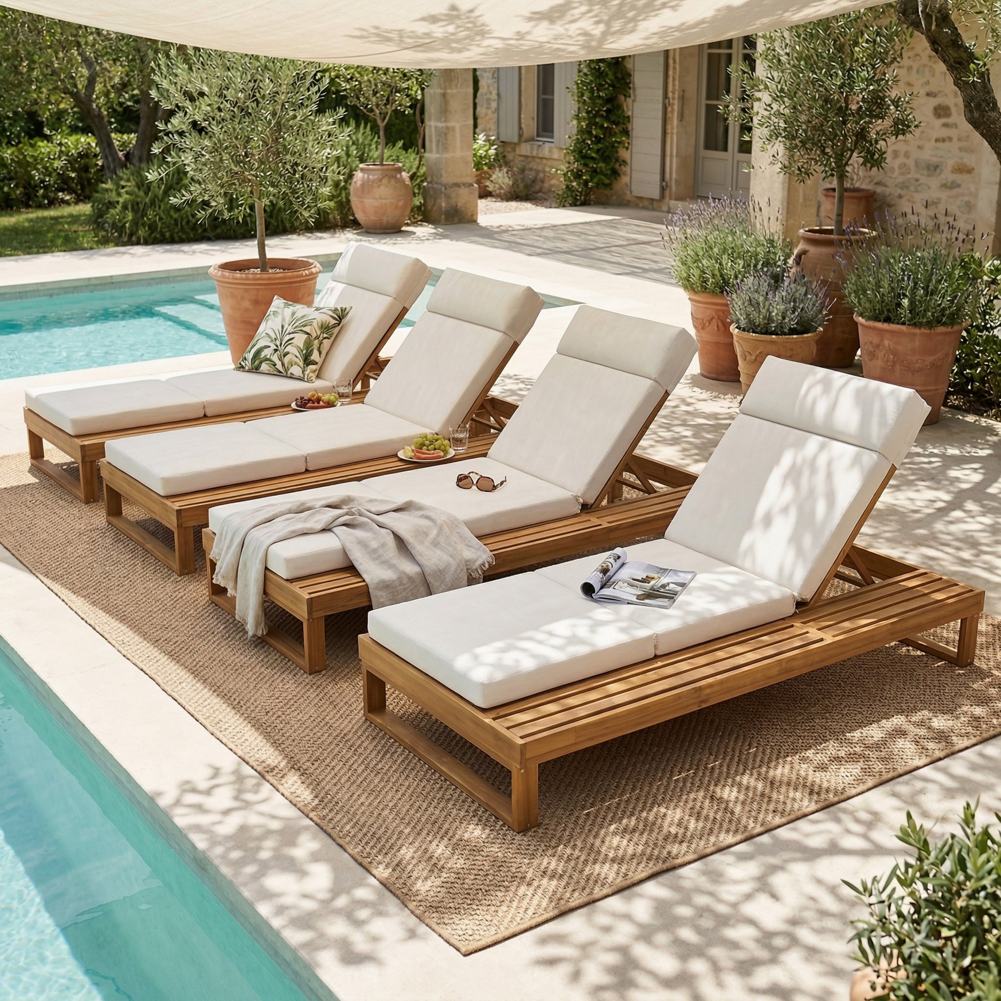 Teak Finish Acacia Wood Chaise Lounge with 4-Inch Beige 4-Fold Cushion Set, Adjustable Outdoor Patio Lounger with Flat Side Surface, for Poolside- Matching cream,dark gray version available image 9