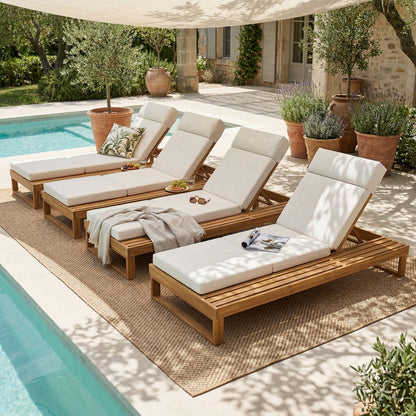 Teak Finish Acacia Wood Chaise Lounge with 4-Inch Beige 4-Fold Cushion Set, Adjustable Outdoor Patio Lounger with Flat Side Surface, for Poolside- Matching cream,dark gray version available image 9
