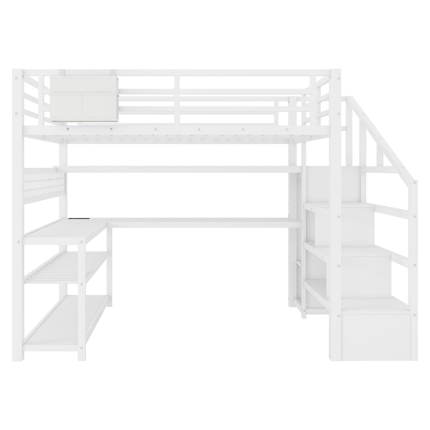 Full Size Loft Bed with Staircase and Wardrobe, Metal Loft Bed with Desk, Storage Shelves, LED Lights and Charge Station,White(Expect Arrival Date 2026/5/9 Old SKUW2593S00059) image 12