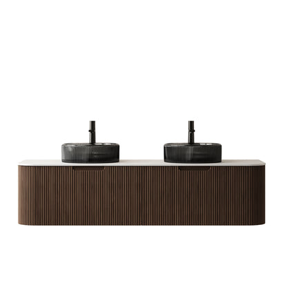 DINA 60" Bathroom Vanity&Sinks, Floating Curved Edges Striped Storage Cabinet with 2 Drawers, 2 Transparent Black Round Glass Basins&Carrara White Sintered Top, Pre-assembled, Dark Walnut Woodgrain image 3