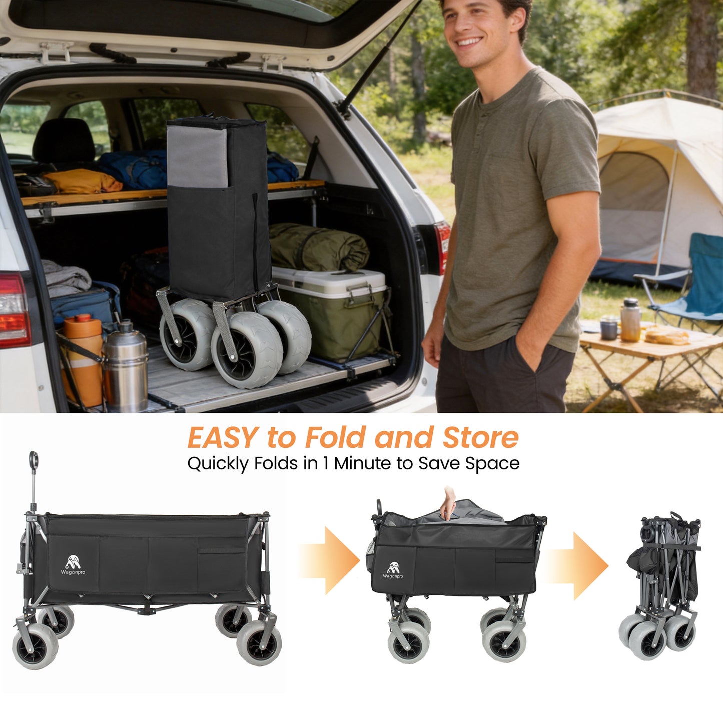 67in Extra long large Heavy Duty Utility Beach Wagons with Opened Tailgate and All-Terrain Wheels, 500lbs Capacity, Patented Ultra-Stable Frame, No Assembly Needed, Black+Gray image 7