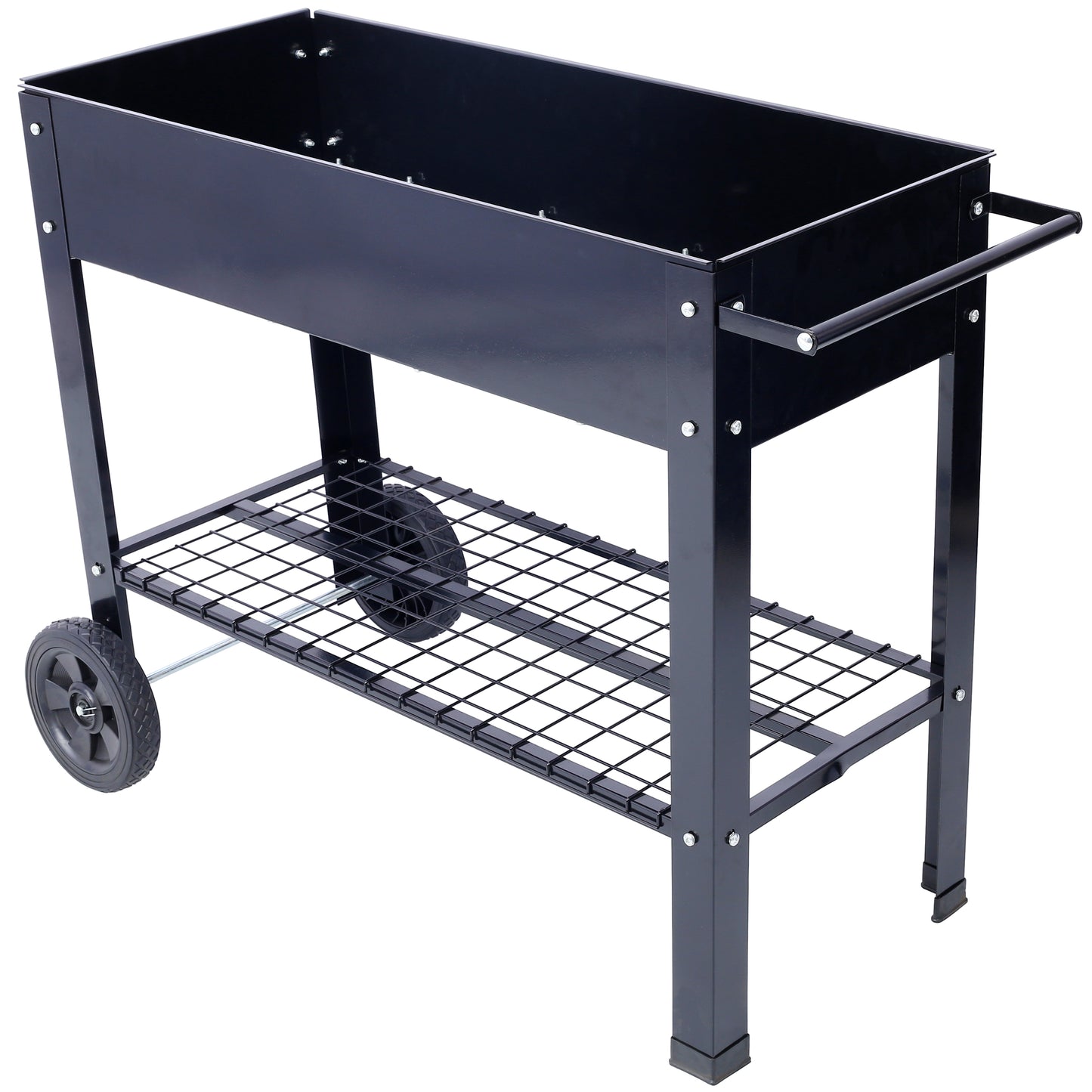 Products Elevated Mobile Raised Ergonomic Metal Planter Garden Bed for Backyard, Patio w/Wheels, Lower Shelf, black image 2