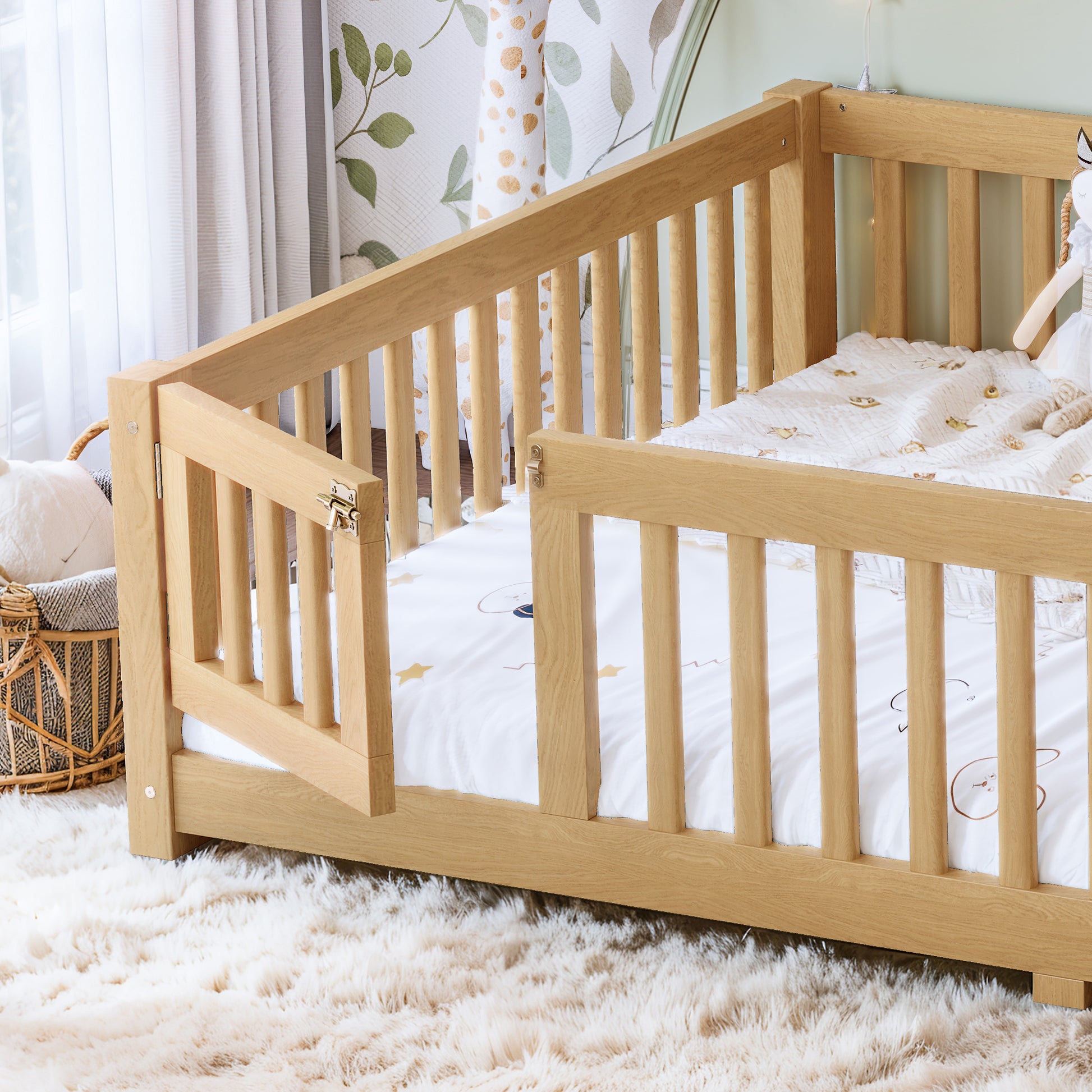 Queen Size Bed Floor Bed with Safety Guardrails and Door for Kids, Natural image 4