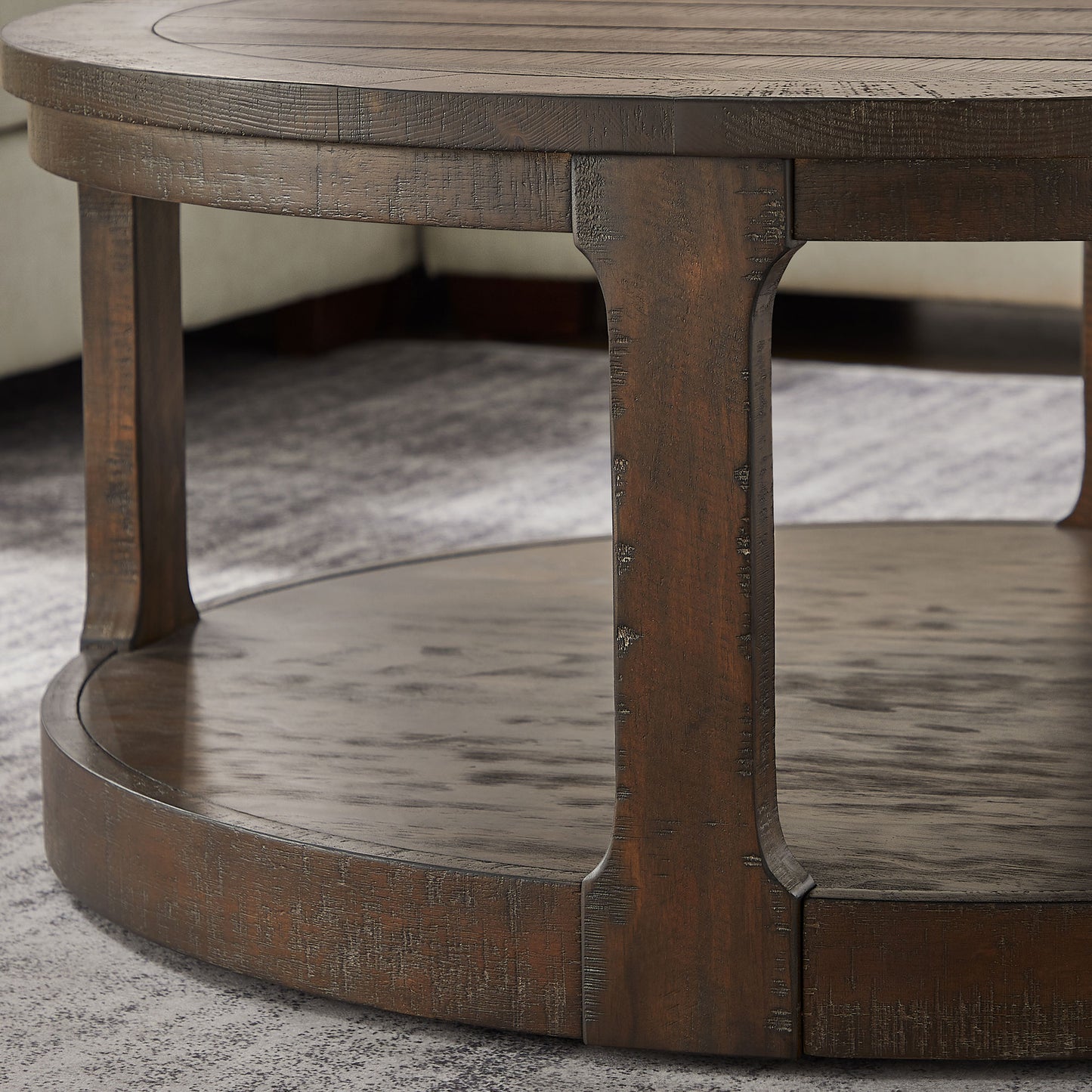 40inch Large Curved 2 Tier Traditional Round Circle Wooden Center Coffee Table,Mid Century Rounded Table with Wheels,Rustic Style Table for living Room,Office,Apartment,Brown image 8