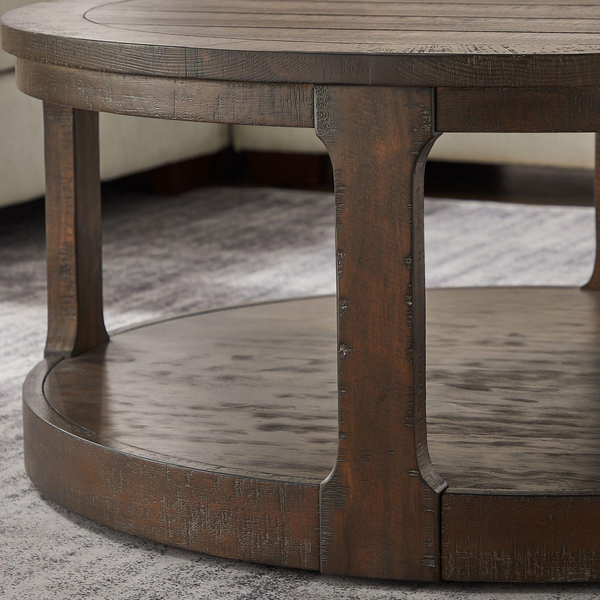 40inch Large Curved 2 Tier Traditional Round Circle Wooden Center Coffee Table,Mid Century Rounded Table with Wheels,Rustic Style Table for living Room,Office,Apartment,Brown image 8