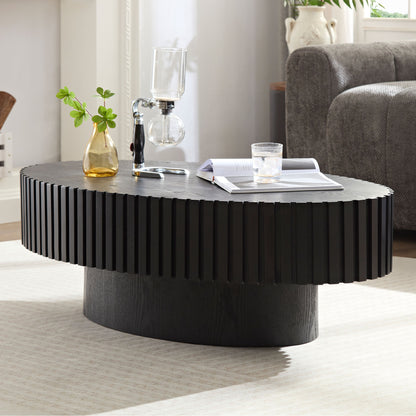 Modern Handcraft Drum Coffee Table Length 43.7 inch Ellipse Coffee Table for Living Room,Oval Small Coffee Table with Sturdy Pedestal,Black MDF image 1
