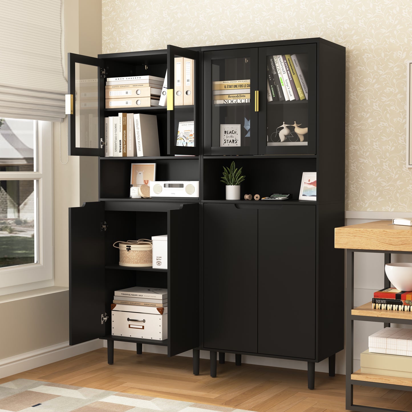 Tempered Glass Door Tall Storage Bookcase with adjustable board, 4 doors MDF painting finished cabinet, Black, Living room Bedroom storage image 7