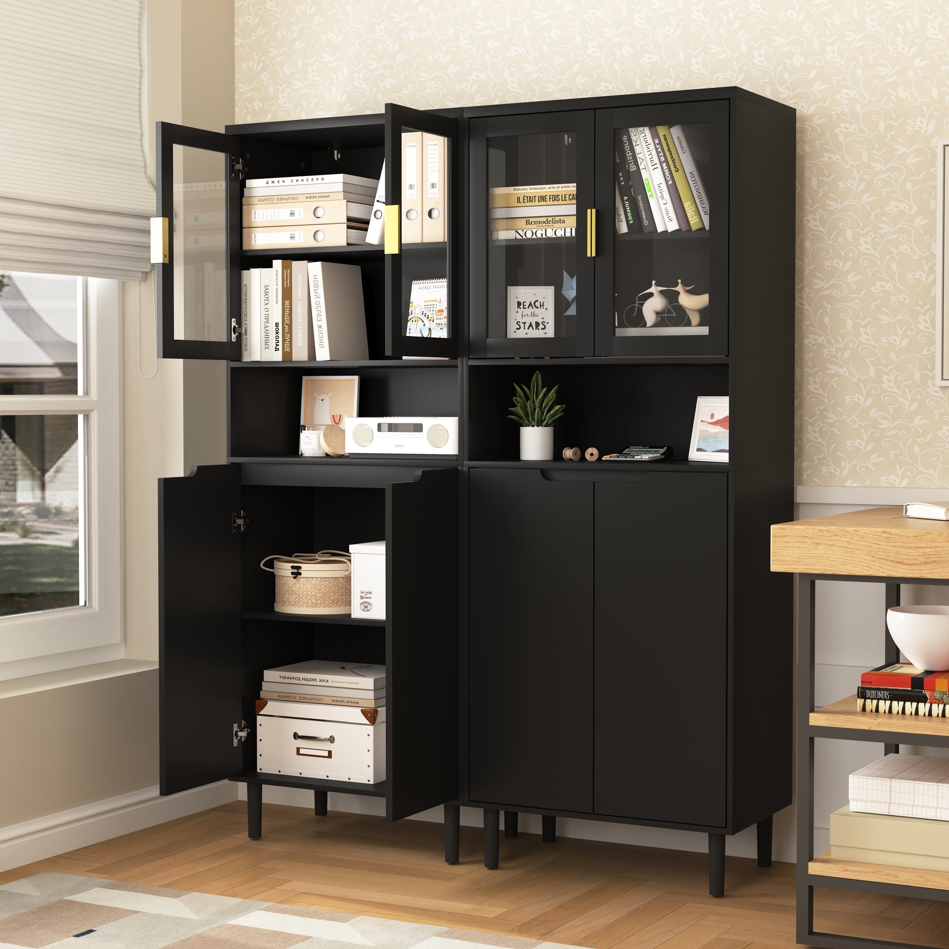 Tempered Glass Door Tall Storage Bookcase with adjustable board, 4 doors MDF painting finished cabinet, Black, Living room Bedroom storage image 7