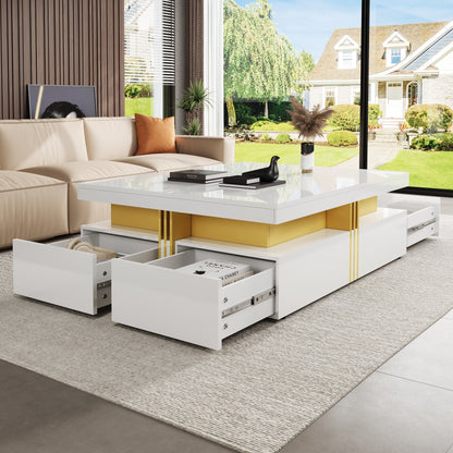 Modern Glossy Square Storage Coffee Table with 4 Drawers, 43.3", White image 1