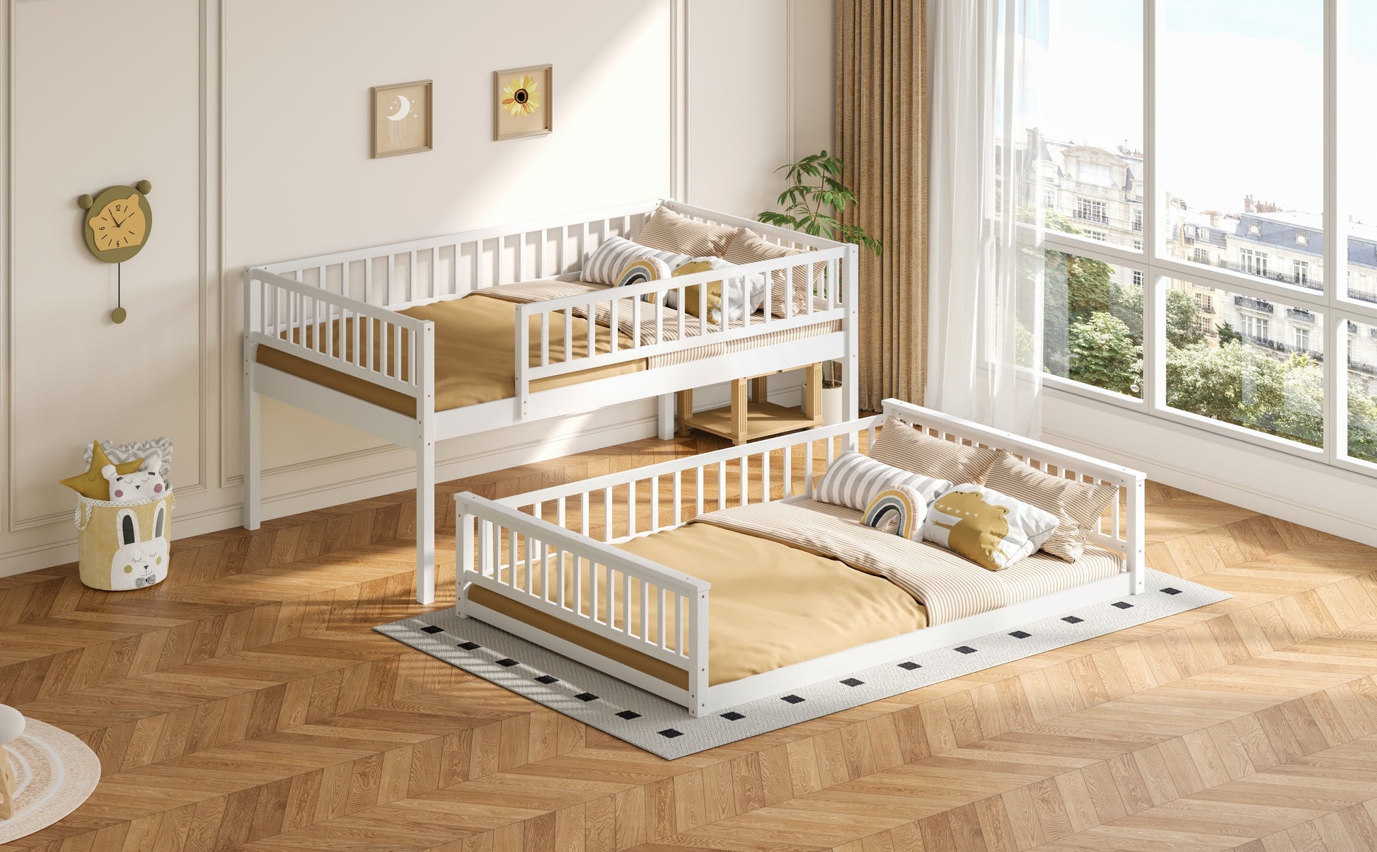 Full XL over Queen Bunk Bed with Ladder and Guardrails, White image 6