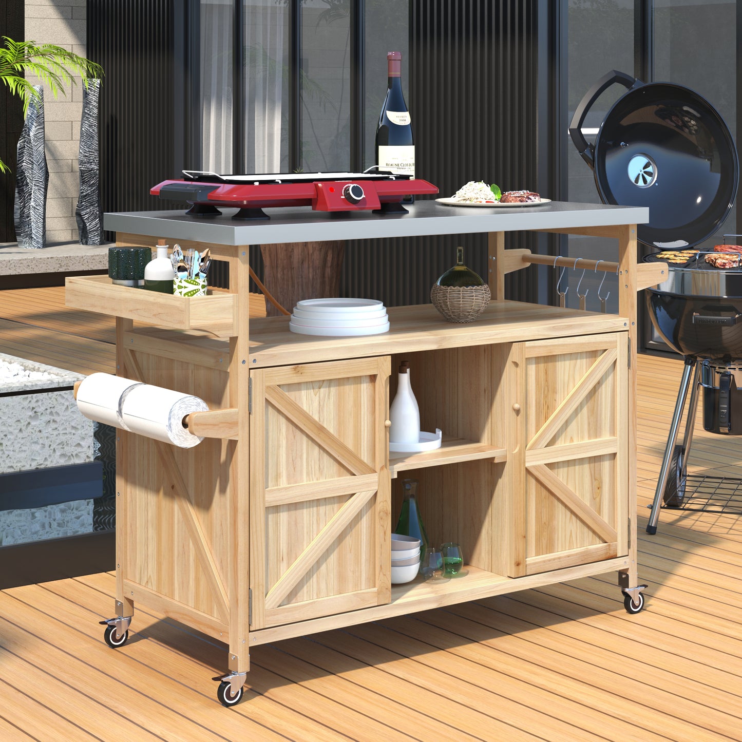 K&K Outdoor Kitchen Island, Rolling Bar Cart & Storage Cabinet, Farmhouse Solid Wood Outdoor Grill Table with Stainless Steel Top, Spice Rack, Towel Rack for Kitchen & BBQ, Natural image 3