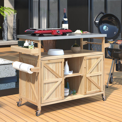 K&K Outdoor Kitchen Island, Rolling Bar Cart & Storage Cabinet, Farmhouse Solid Wood Outdoor Grill Table with Stainless Steel Top, Spice Rack, Towel Rack for Kitchen & BBQ, Natural image 3