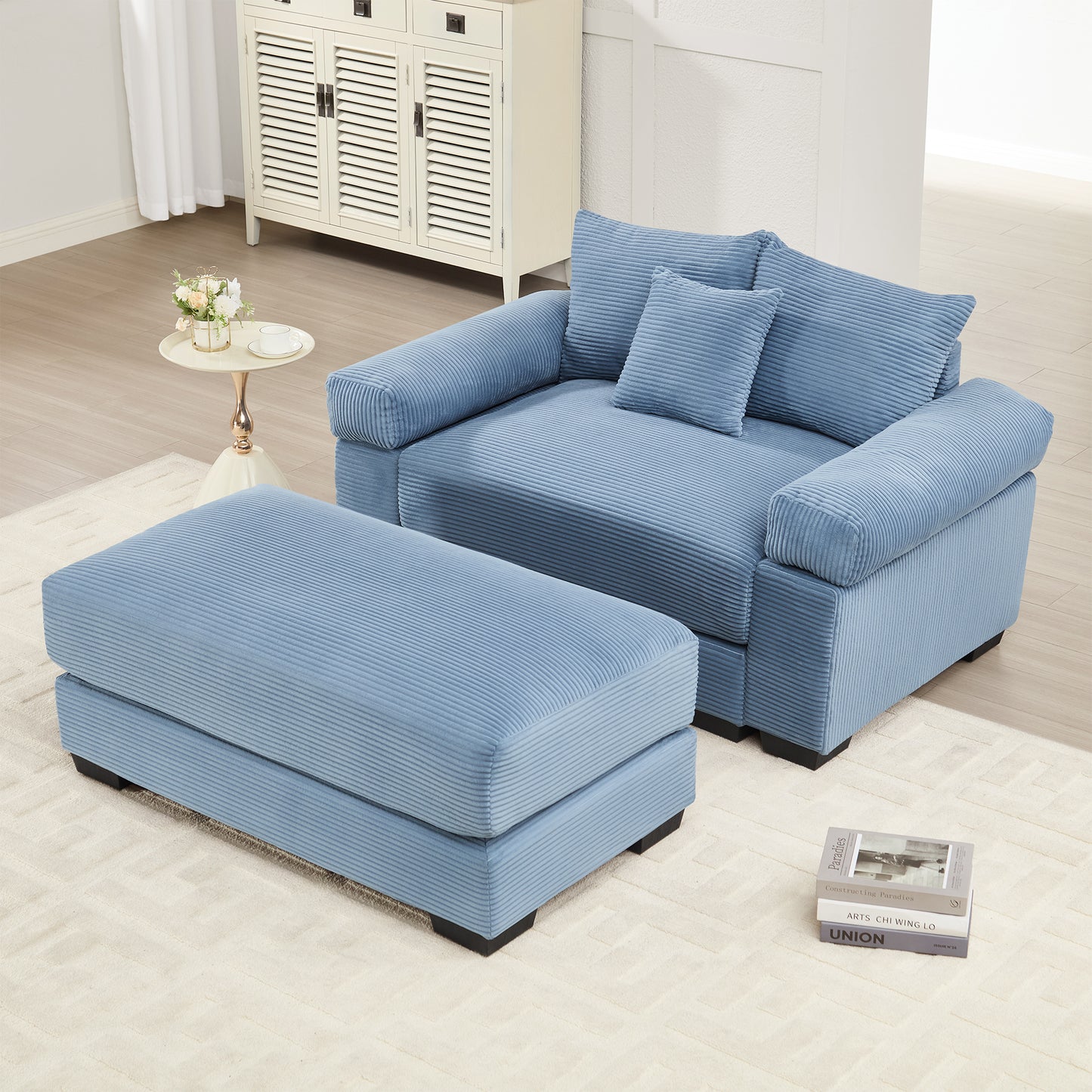 54.3" Oversized Cloud Modular Sectional Couch, Corduroy Fabric Extra-Thick Armrests,Throw Pillows Ottoman, Ergonomic Design,Easy Assembly Fits Living Rooms Bedrooms,Blue image 1