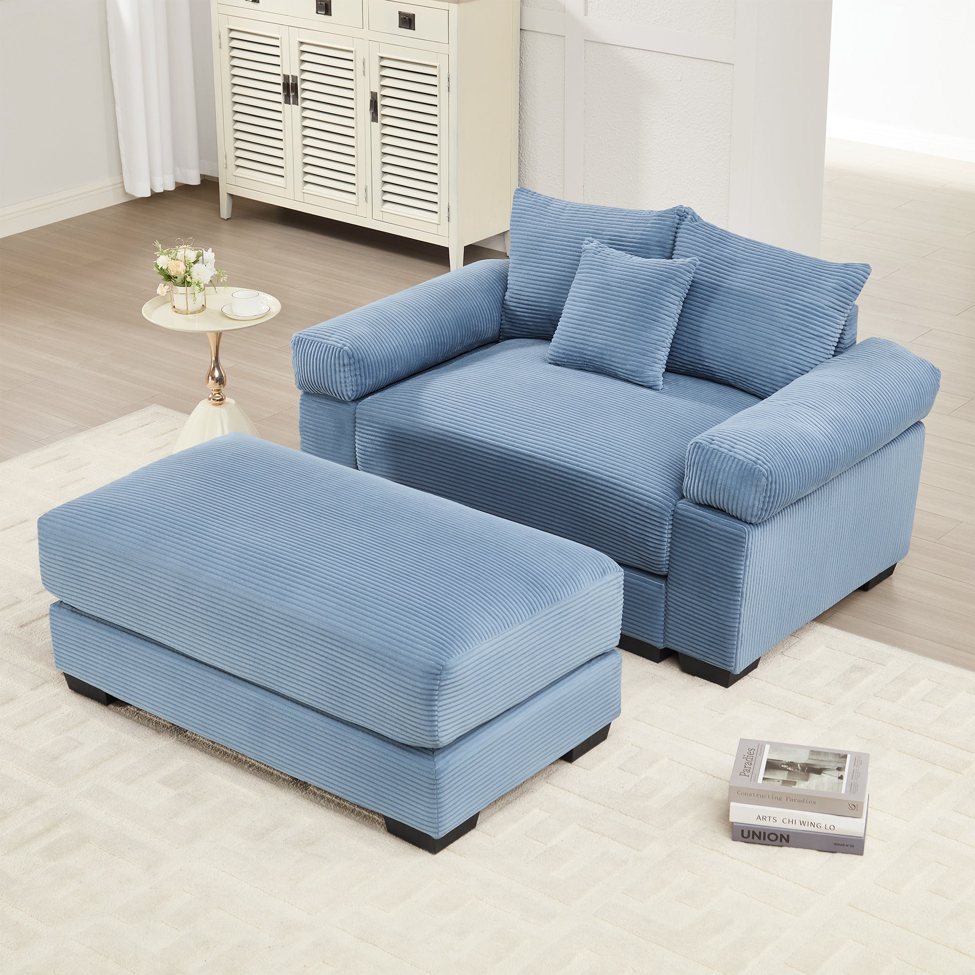 54.3" Oversized Cloud Modular Sectional Couch, Corduroy Fabric Extra-Thick Armrests,Throw Pillows Ottoman, Ergonomic Design,Easy Assembly Fits Living Rooms Bedrooms,Blue image 1