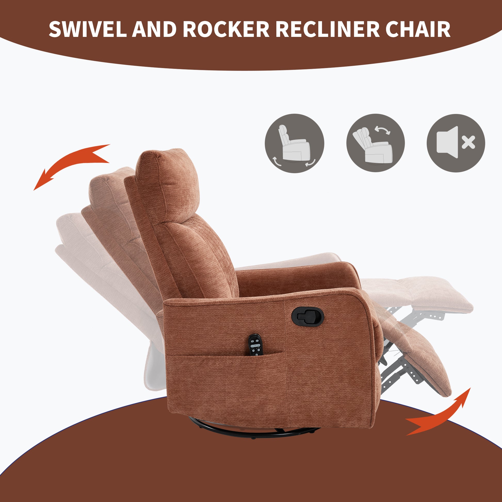 Orange Heat Massage Manual Recliner Chair with Rocker and Swivel in Fabric for Living Room image 6
