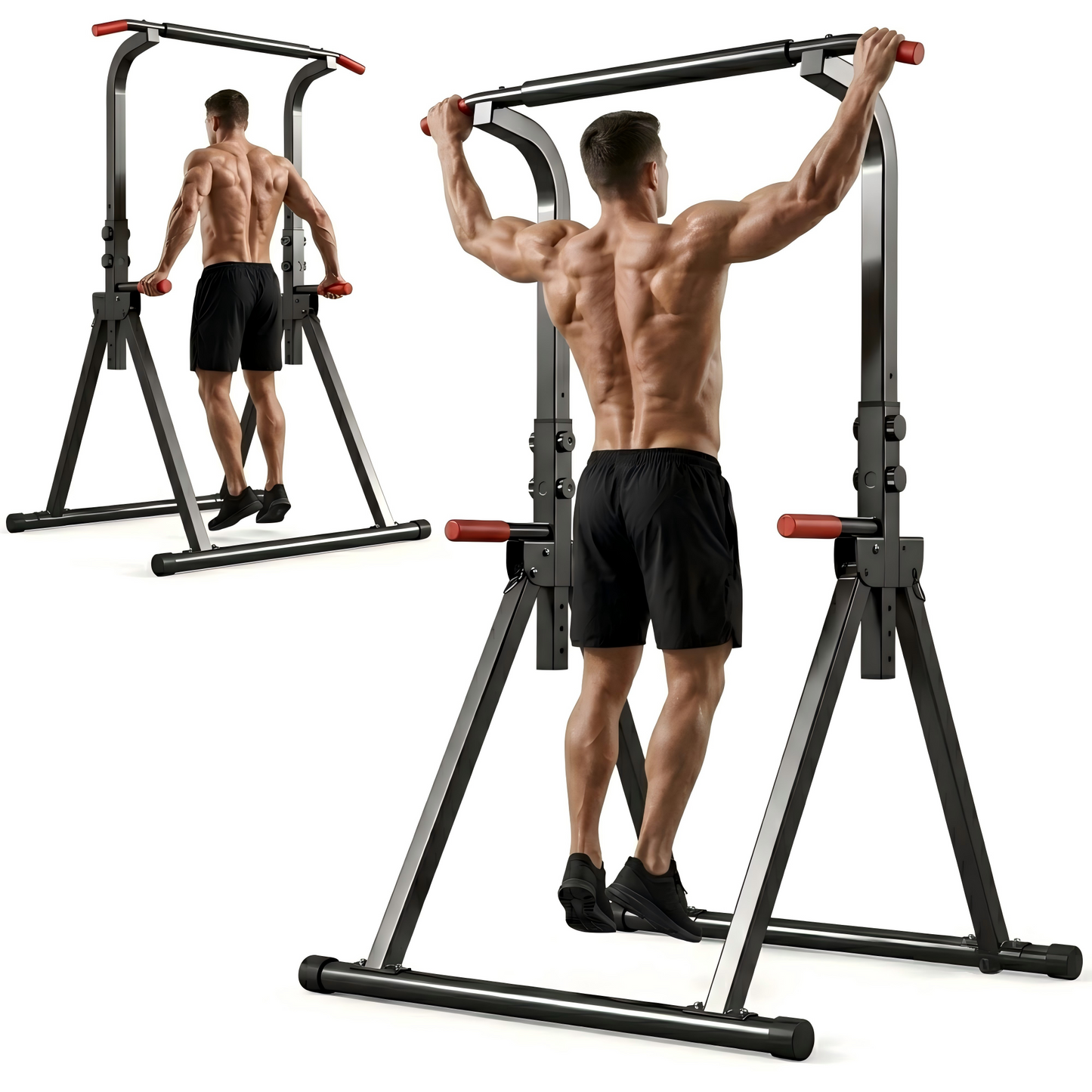 Foldable Pull Up Bar Standing Power Tower - Multi-Function Dip Station, 6-Level Adjustable Height Strength Training Fitness Equipment for Home Gym, 440lbs Max image 1