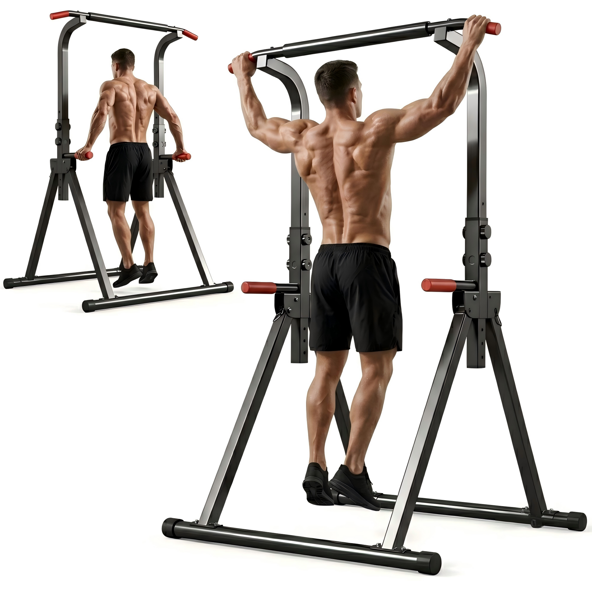 Foldable Pull Up Bar Standing Power Tower - Multi-Function Dip Station, 6-Level Adjustable Height Strength Training Fitness Equipment for Home Gym, 440lbs Max image 1