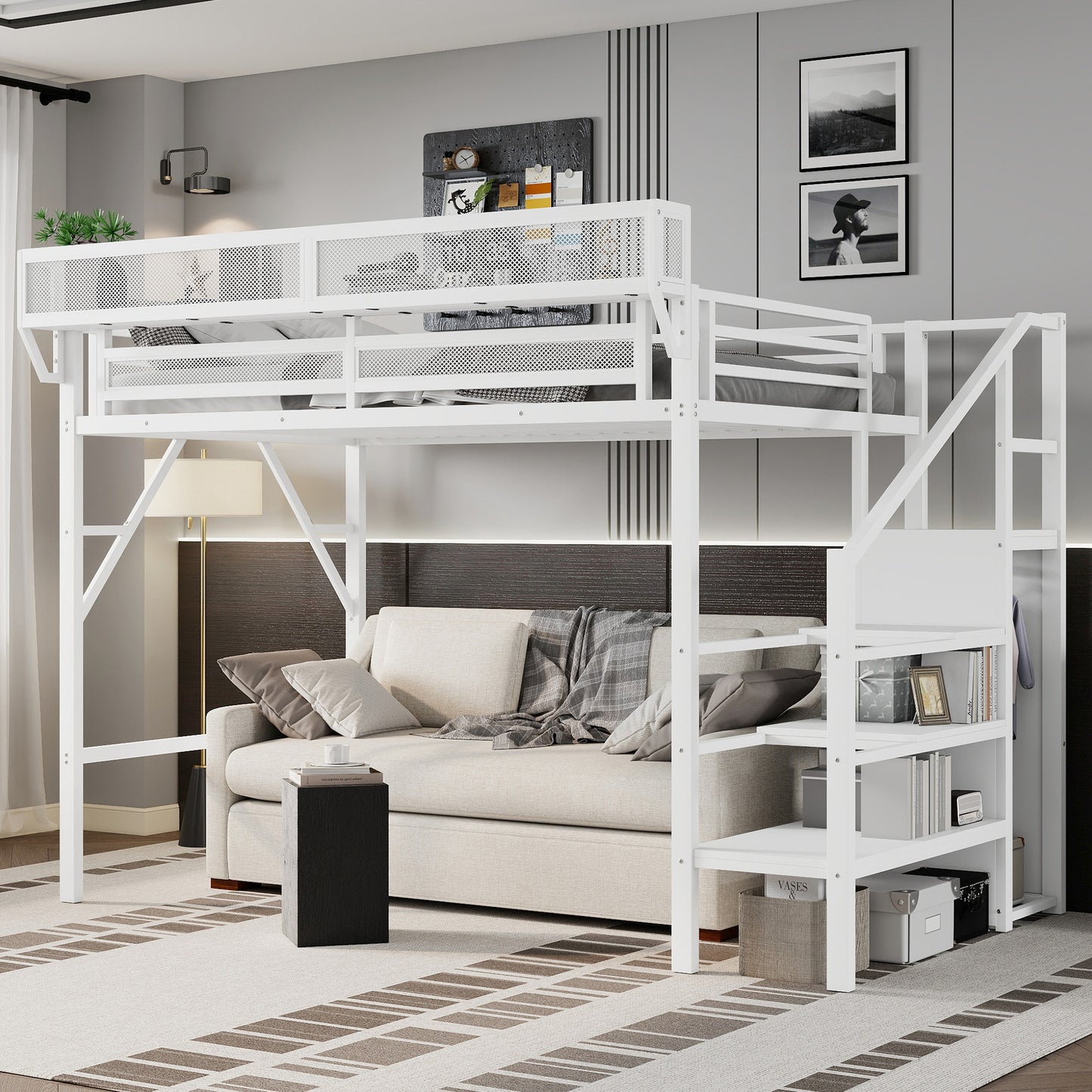 Twin XL Size Loft Bed with Stairs, Metal Full Loft Bed with Storage Shelves, High Loft Bed with Wardrobe for Kids Teens,White(Expect Arrival Date 2025/10/14) image 1