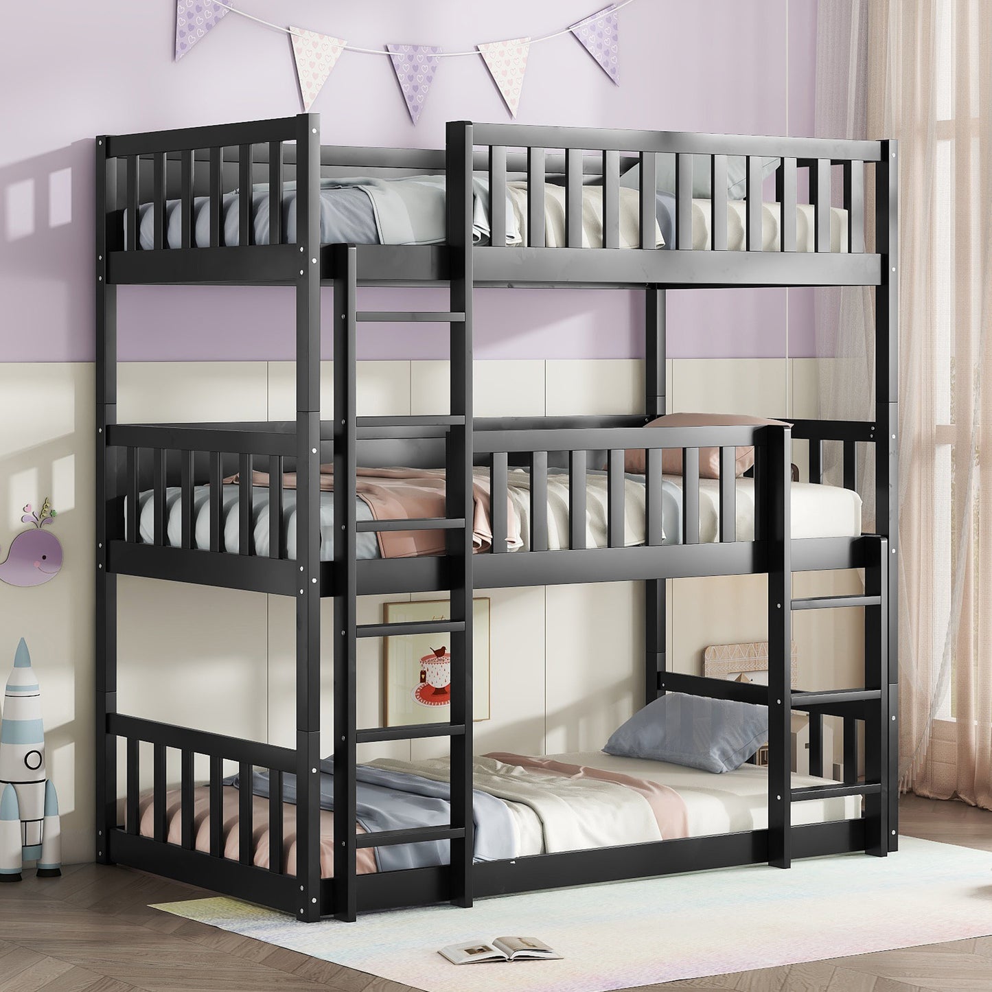 Twin Size Triple Rubber Wood Bunk Bed, with Ladders, Guardrails Detachable Bunk Bed, Twin over Twin over Twin,Black image 5