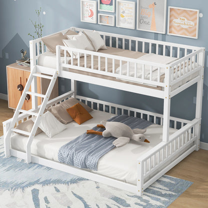 Twin XL over Queen Bunk Bed with Ladder and Guardrails, White image 1