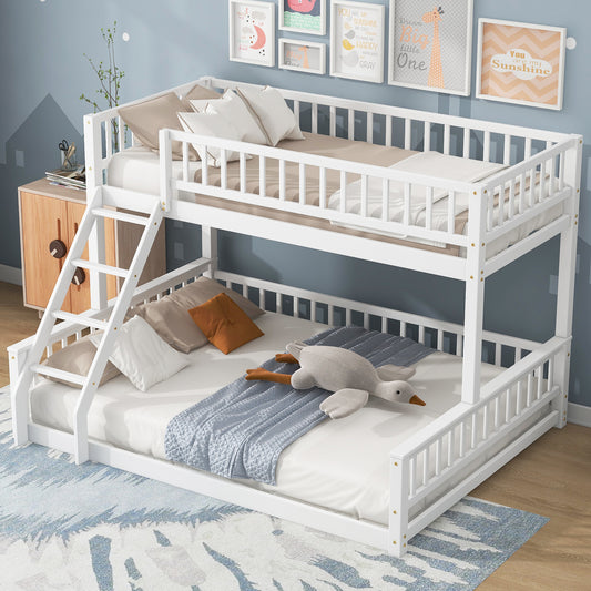 Twin XL over Queen Bunk Bed with Ladder and Guardrails, White image 1