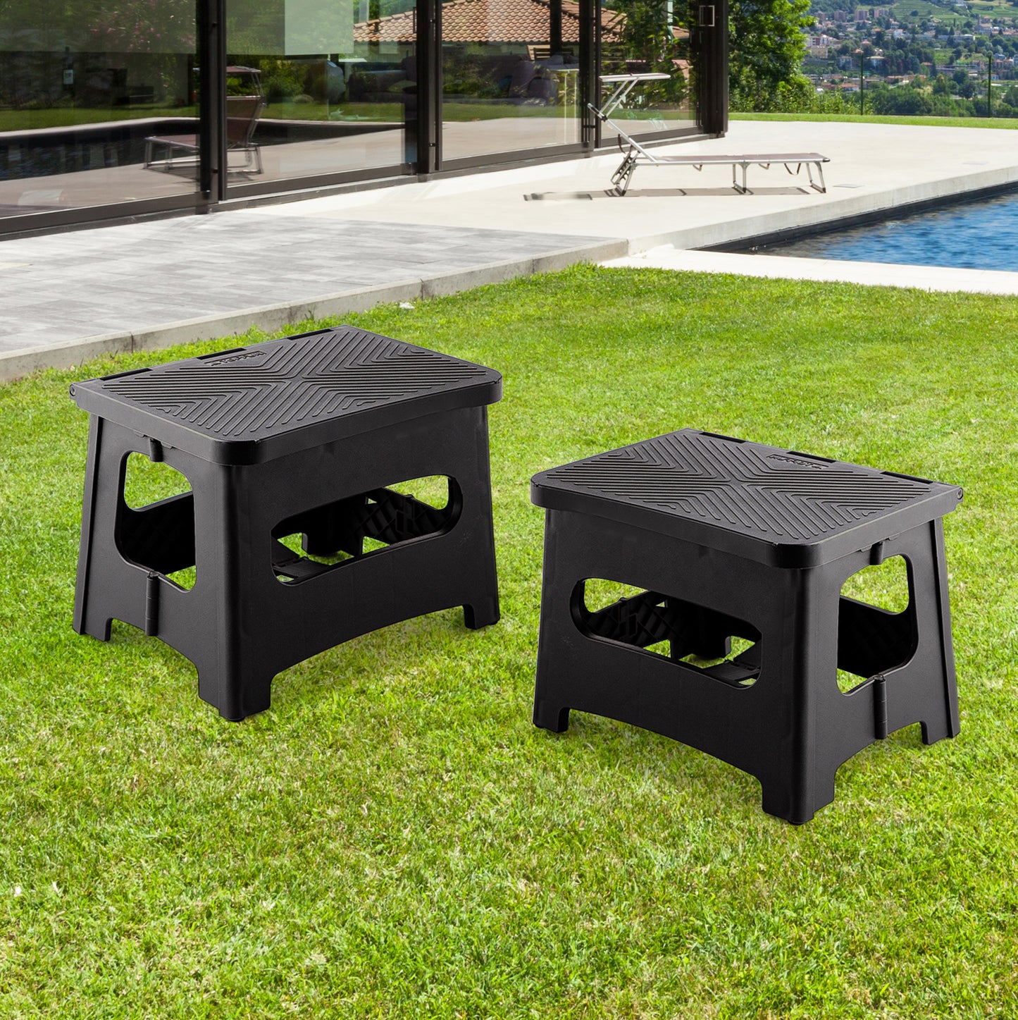 9in Folding Step Stool, Compact, Portable, Non-Slip, 300 lbs. weight capacity for adults and children. Secure non-slip top and rubber feet, great for home and camping, black color image 4