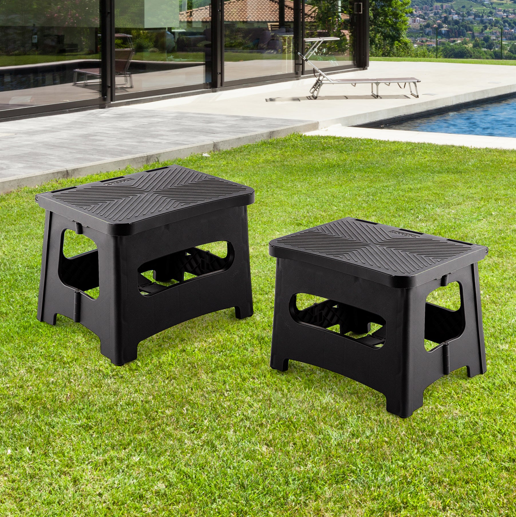 9in Folding Step Stool, Compact, Portable, Non-Slip, 300 lbs. weight capacity for adults and children. Secure non-slip top and rubber feet, great for home and camping, black color image 4