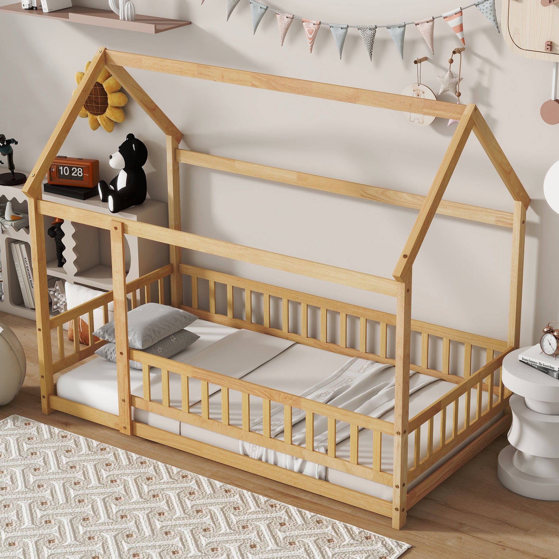 Twin Size House Floor Wooden Bed with Roof Frame,Safety Guardrails,Natural (Old Sku W504P286404) image 3