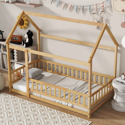 Twin Size House Floor Wooden Bed with Roof Frame,Safety Guardrails,Natural (Old Sku W504P286404) image 3