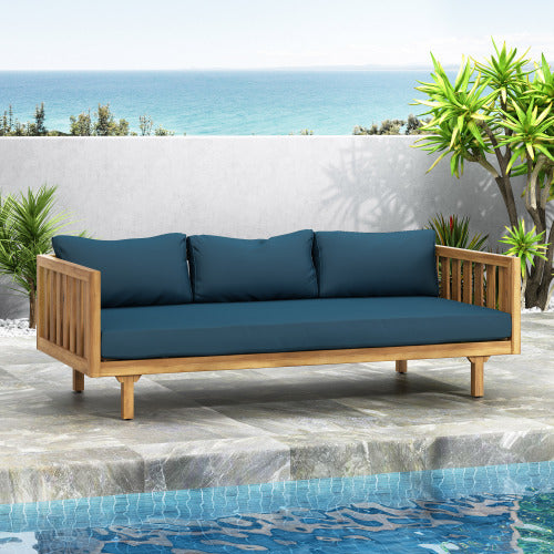 Acacia Wood Patio Furniture Set,Outdoor 3 Seater Daybed(with Water Resistant Thick Cushions)and Round Coffee Table, Dark Teal Cushion image 7