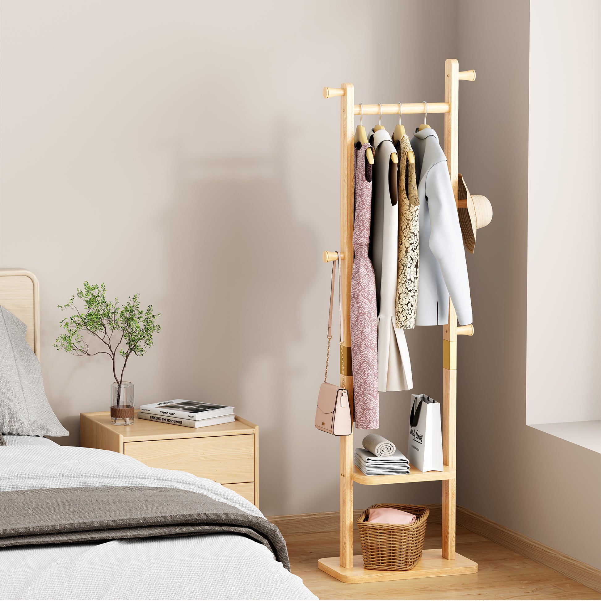 Coat Racks solid wood hanger 18.9* 11.8*71in Solid environmental protection easy to assemble beautiful can be placed in the bedroom/entrance/living room (wood color) image 5